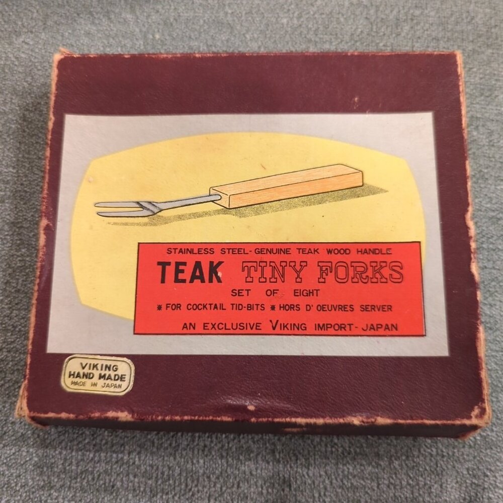 Vintage Set of 8 Viking Hand Made Teak Tiny Forks Japan-lp